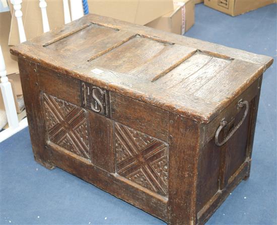 A late 17th century carved oak coffer, W.96cm